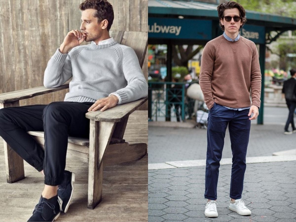 Áo nỉ cổ tròn phối cùng quần tây hoặc quần chinos