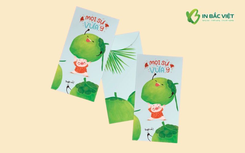 Mẫu bao lì xì dễ thương Mọi Sự Vừa Ý với minh họa trái cây vui nhộn và bé heo đáng yêu