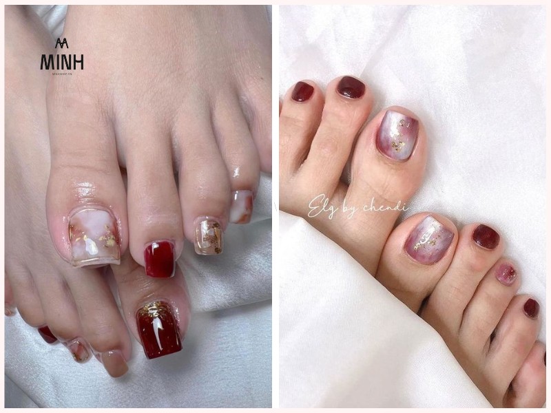 Mẫu nail chân màu đỏ đẹp với họa tiết hoa
