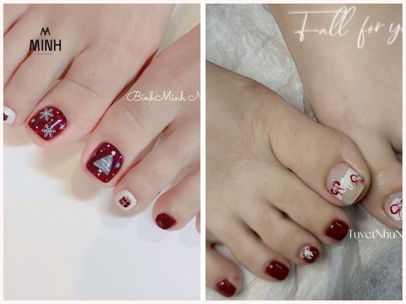 Mẫu nail chân màu đỏ họa tiết caro
