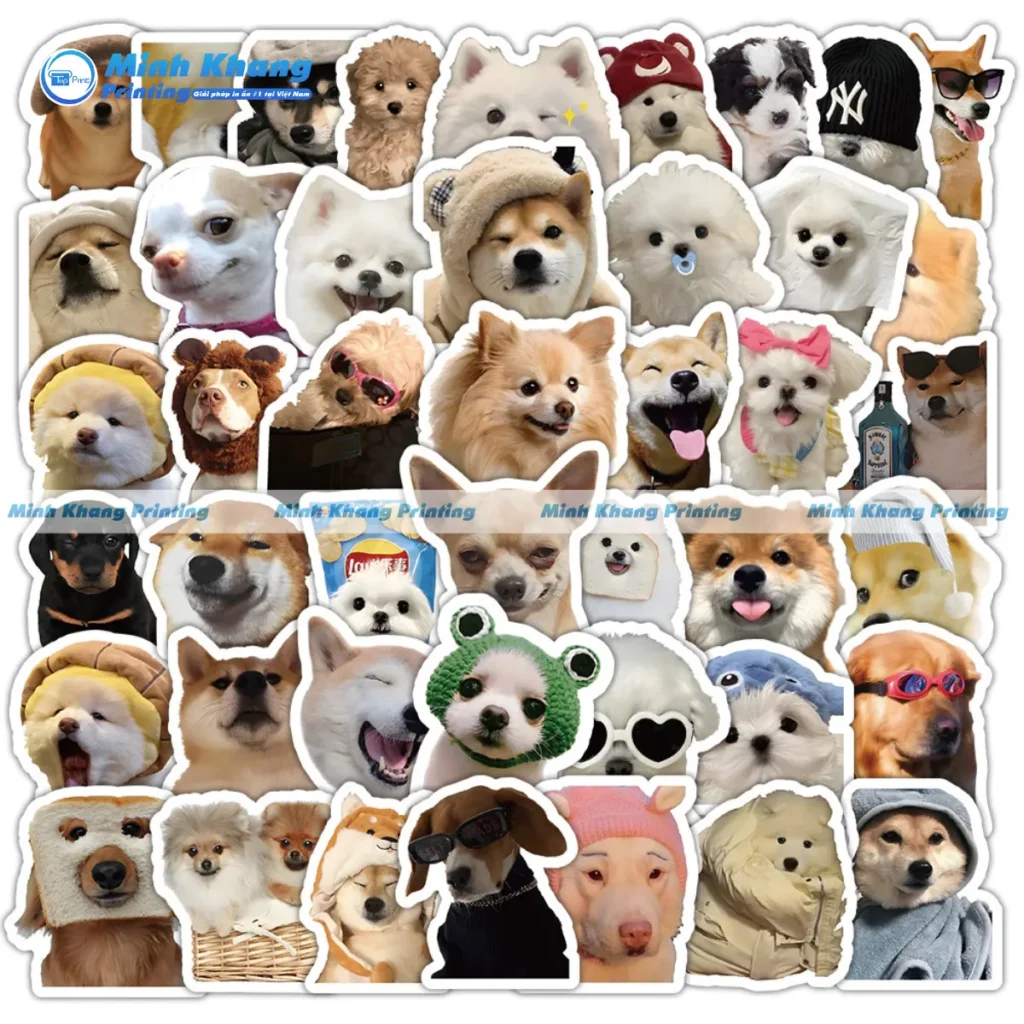 Mẫu sticker hình chó thật chất liệu giấy decal đế trắng