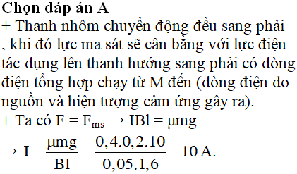 Một thanh nhôm dài 1,6 m, khối lượng 0,2 kg chuyển động trong từ trường đều và luôn tiếp xúc với hai thanh ray đặt nằm ngang như hình vẽ bên. Từ trường