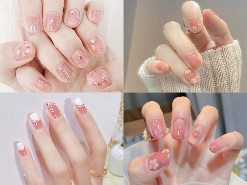 mẫu nail vẽ hoa màu hồng thạch