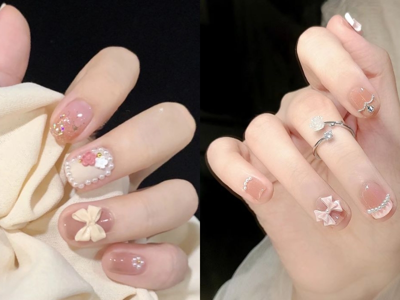 nail hồng thạch đính charm nơ và ngọc