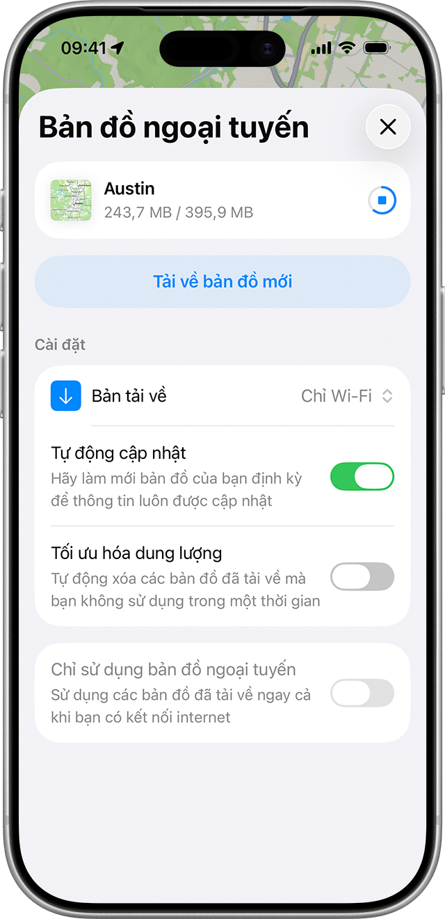Trong iOS, bạn có thể bật và tắt một số cài đặt bản đồ ngoại tuyến, chẳng hạn như Tối ưu hóa dung lượng hoặc Cập nhật tự động.