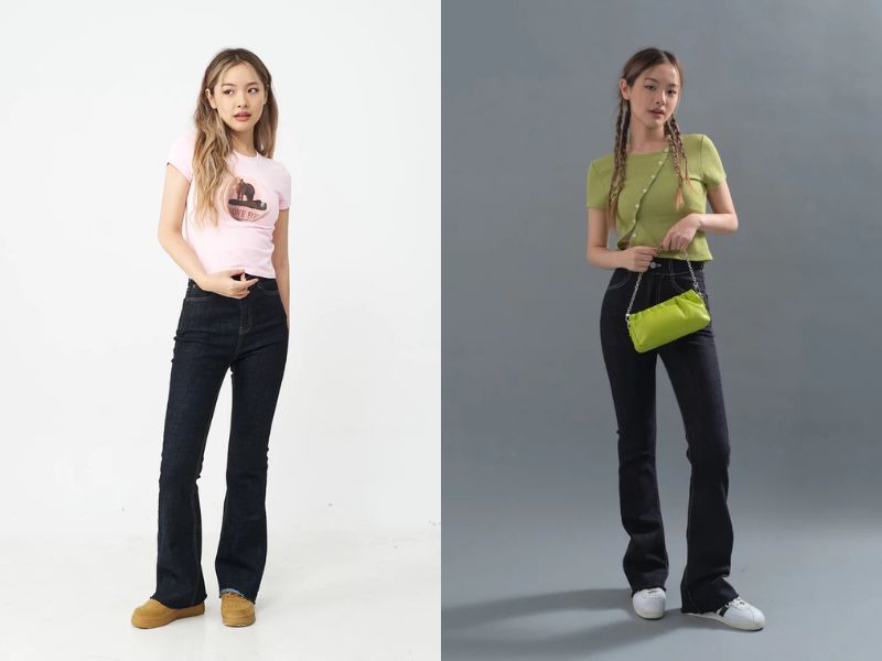 Phối quần ống loe với áo croptop ngắn tay