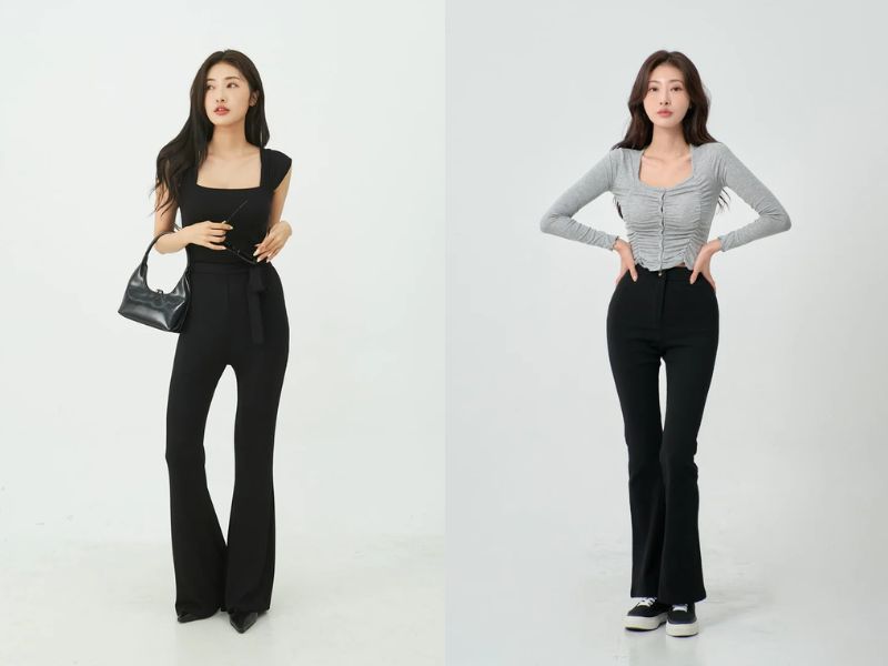 Phối quần ống loe với áo thun cổ vuông