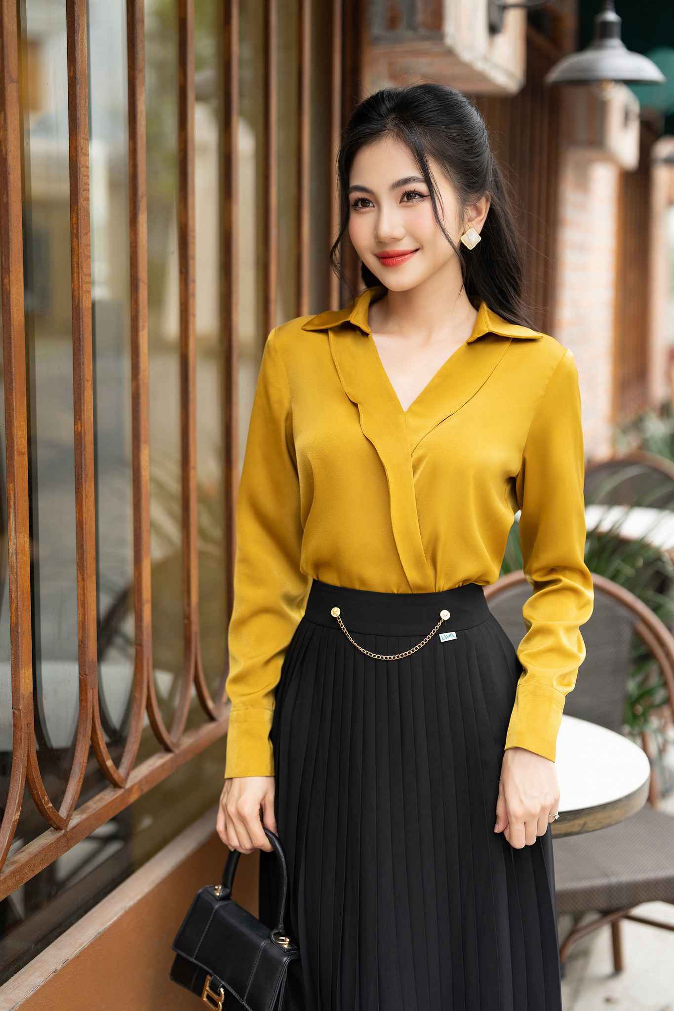 sơ mi nữ xếp lớp cúc ẩn