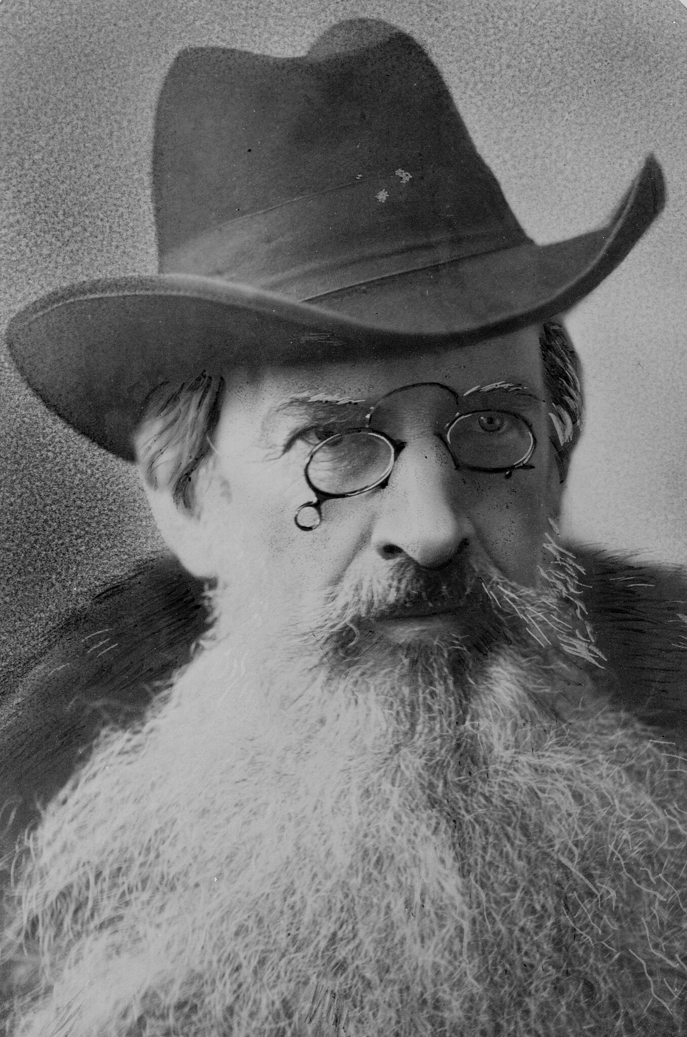 Portrait of a man with a large beard wearing glasses and a cowboy hat.