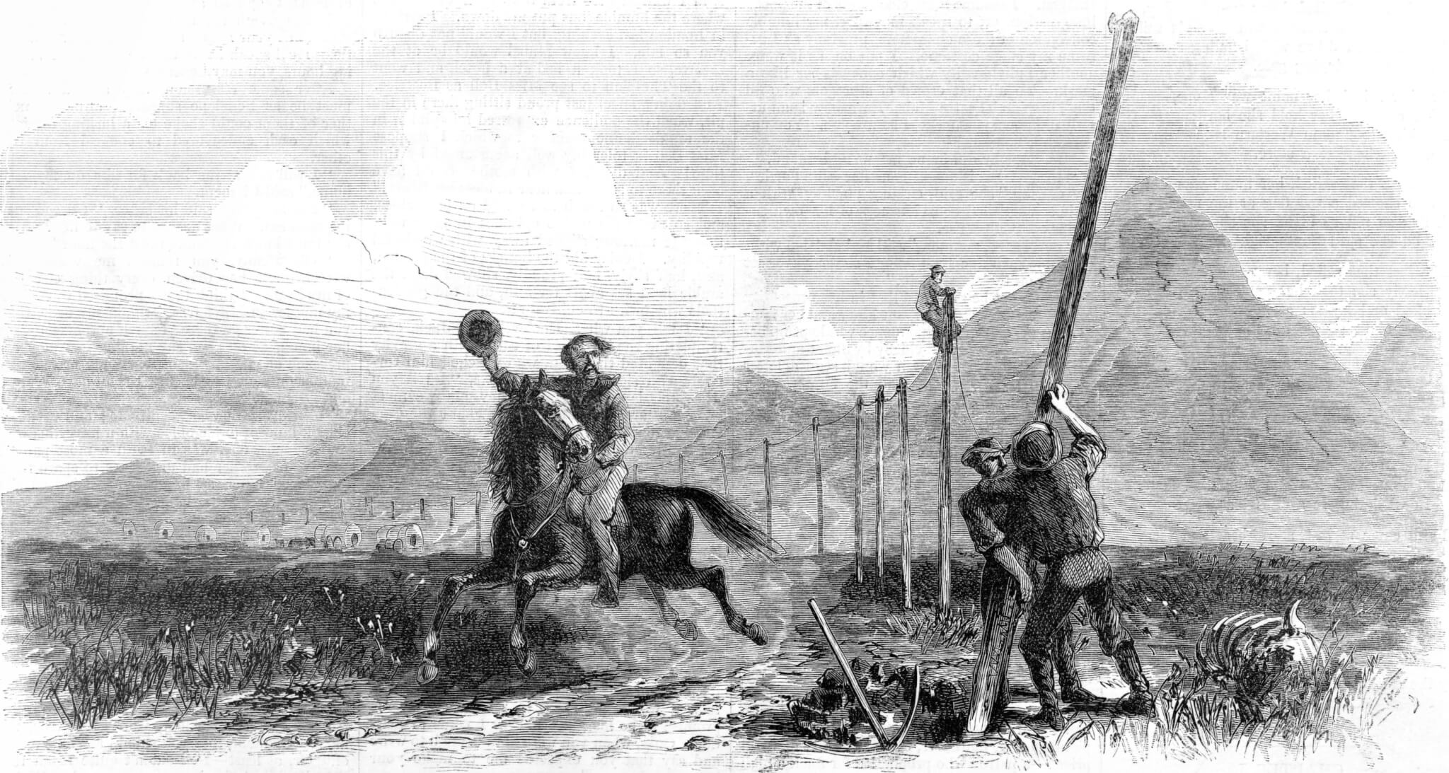 The construction of the first intercontinental telegraph watched by a rider from the Pony Express