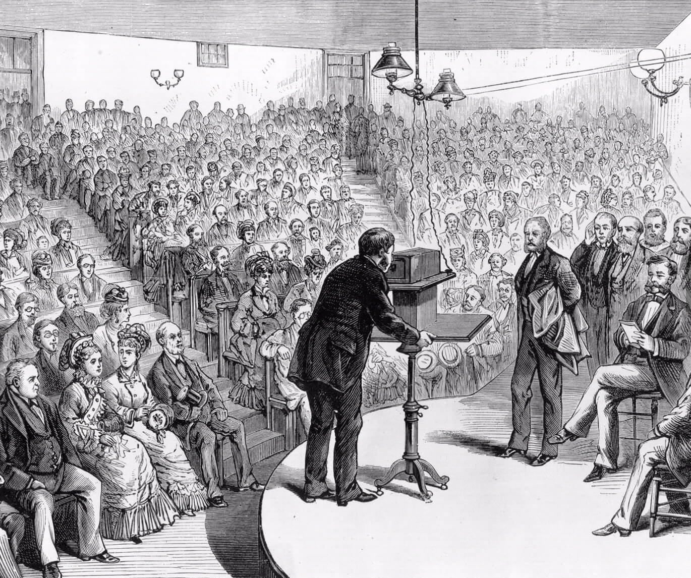 illustration of Bell demonstrating the telephone transmitting sound from Salem to Boston in front of an audience