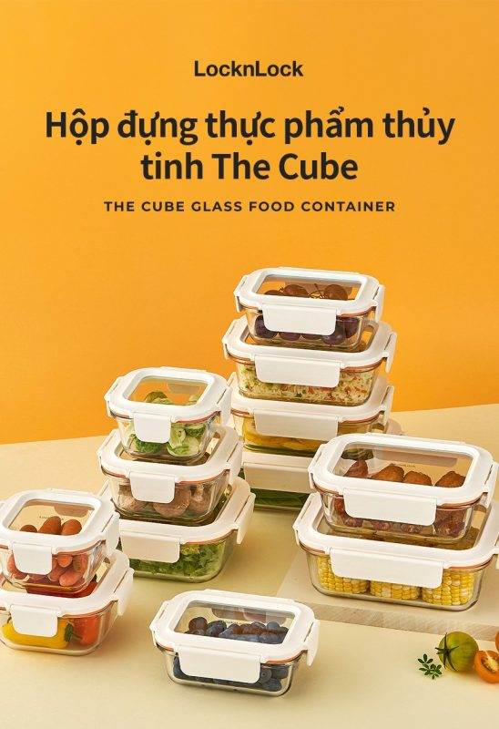 Hộp đựng thực phẩm thủy tinh LocknLock The Cube glass container nhiều dung t&iacute;ch