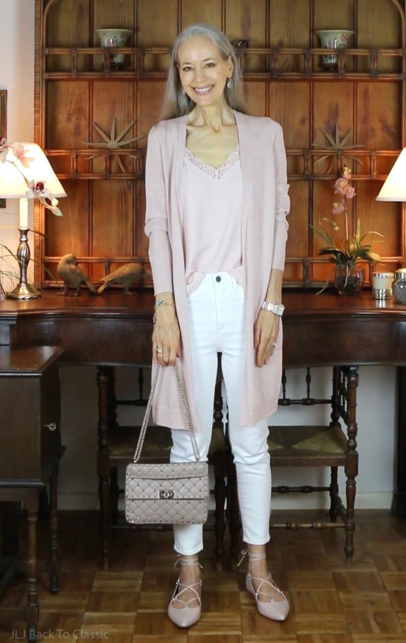 blush-long-cardigan-camisole-white-skinny-jeans-valentino-rockstud-spike-bag-poudre