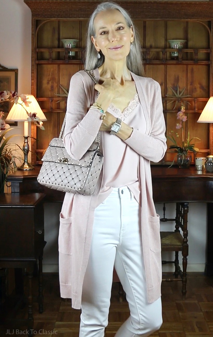 blush-long-cardigan-camisole-white-skinny-jeans-valentino-rockstud-spike-bag-poudre
