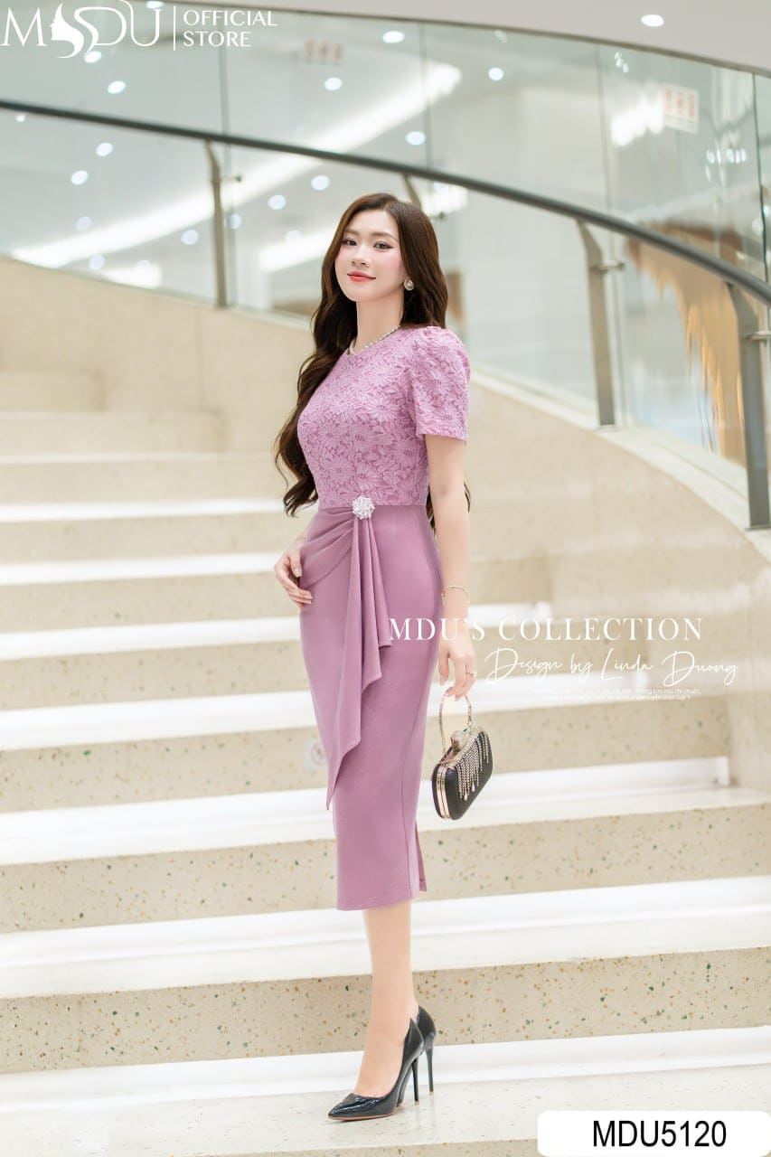 Váy Thiết Kế MDU5120 Hồng Nude Ren Lông & Xleo