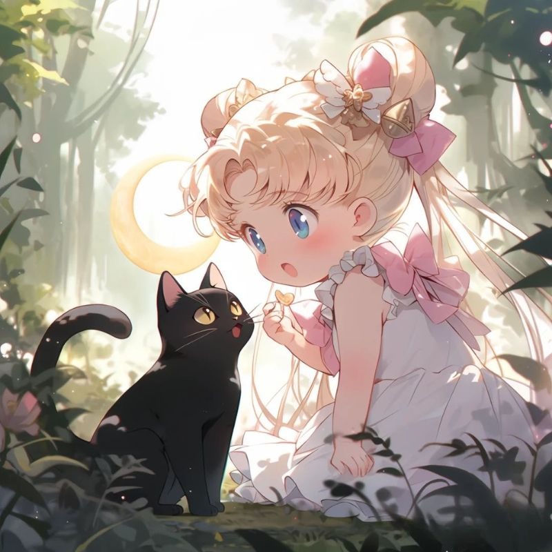 mèo đen và bé gái anime