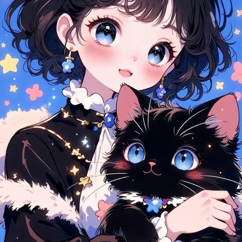 ảnh anime cô gái và mèo đen