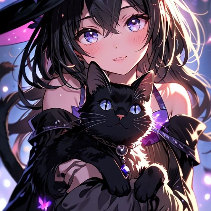 hình cô gái ôm mèo đen anime