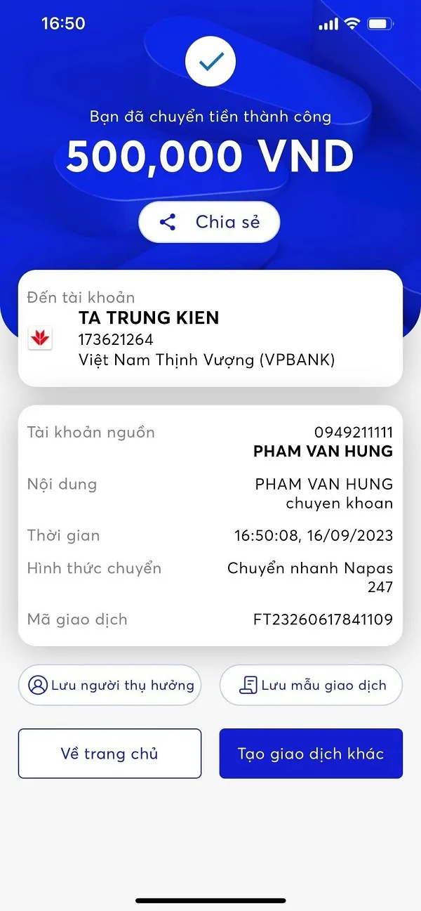 Ảnh minh họa giao dịch chuyển khoản 500.000 VNĐ thành công