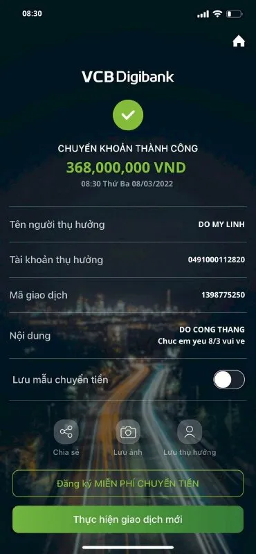 Ảnh chuyển tiền thành công qua Vietcombank với lời nhắn lãng mạn