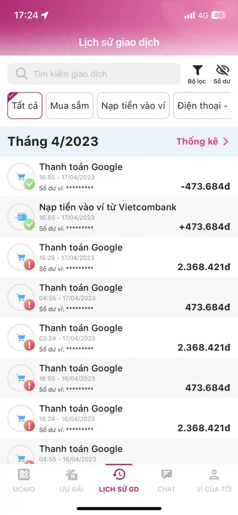 Ảnh màn hình ví MoMo hiển thị giao dịch thanh toán thành công, có yếu tố troll