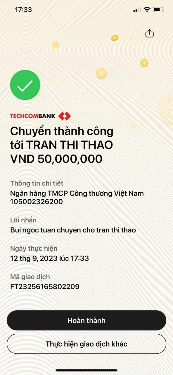 Màn hình xác nhận chuyển khoản thành công 50 triệu đồng qua Techcombank