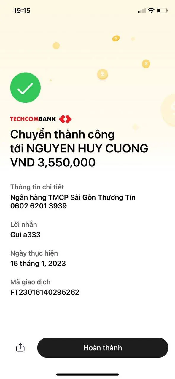 Ảnh chuyển khoản ngân hàng Techcombank với số tiền lớn, dùng để troll