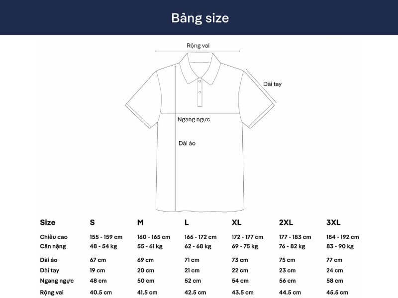 Bảng hướng dẫn chọn size áo polo trắng Coolmate