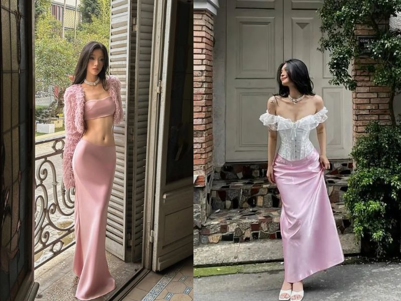 cách phối đồ với chân váy lụa dài