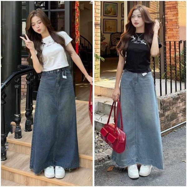 Chân váy jean dài phối với áo gì? 20 cách phối đẹp, dễ ứng dụng
