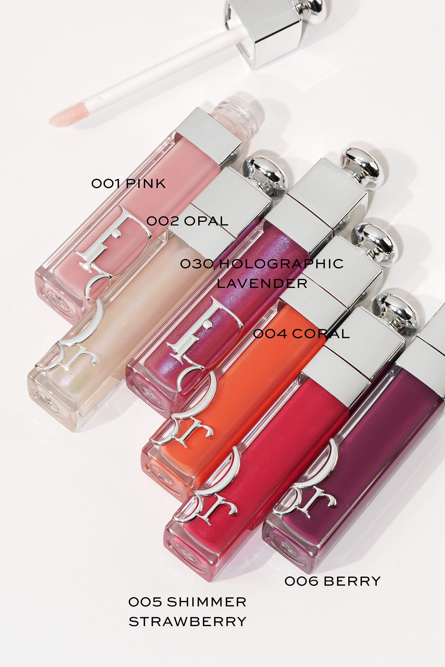 Dior Addict Lip Maximizers in 007 Raspberry, 009 Intense Rosewood, 010 Holographic Pink, 012 Rosewood, 013 Beige and 014 Shimmer Macadamia