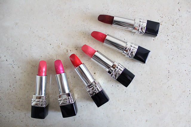 Rouge Dior lipsticks in Actrice, Miss, Red Smile, Pretty Matte, Radiant Matte, and Ambitious Matte review for fall 2016