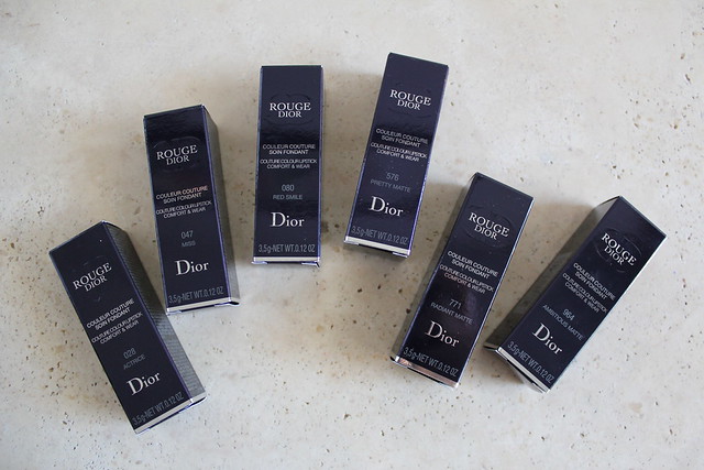 Rouge Dior lipsticks in Actrice, Miss, Red Smile, Pretty Matte, Radiant Matte, and Ambitious Matte review for fall 2016