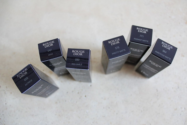Rouge Dior lipsticks in Actrice, Miss, Red Smile, Pretty Matte, Radiant Matte, and Ambitious Matte review for fall 2016