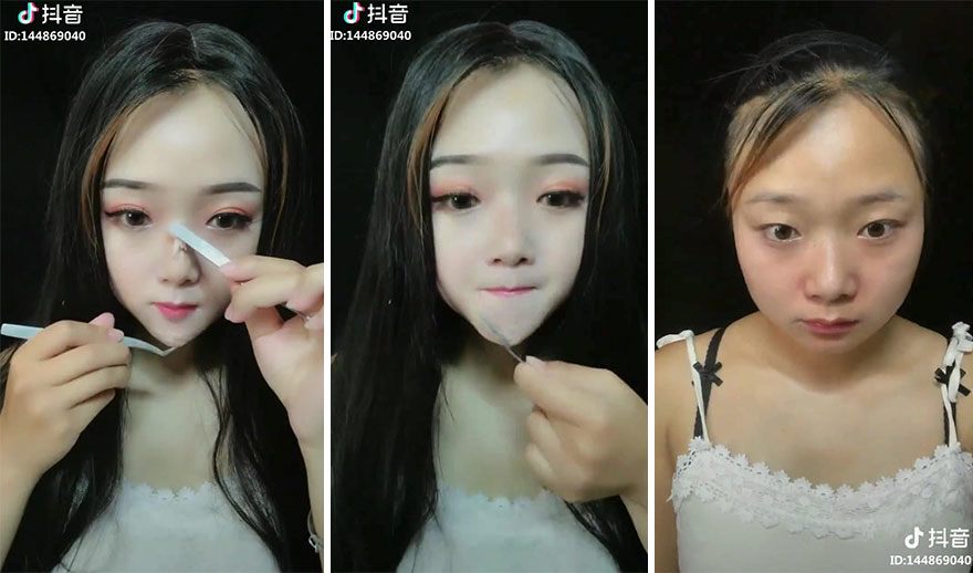 Gái xinh tiktok tẩy trang làm bao người ngã ngửa: độn mũi gọt cằm chỉ bằng son phấn