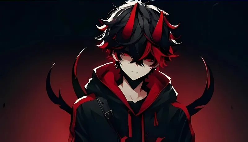 Nhân vật anime ác quỷ với sừng và biểu cảm lạnh lùng