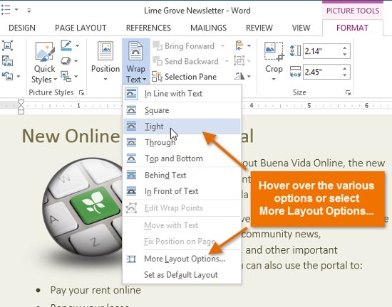 Di chuột qua các tùy chọn text-wrapping khác nhau