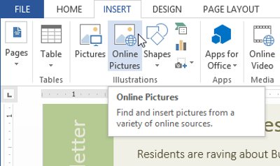 Chọn tab Insert, sau đó nhấp vào lệnh Online Pictures.