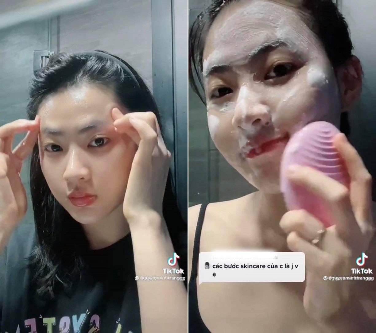 Khâu làm sạch của Minh Trang cũng giống với bao chị em khác. Chỉ có điều là cô luôn nhấn mạnh việc sửa tay sạch với xà phòng trước khi dùng tiến tới bước rửa mặt kép với dầu tẩy trang. Nữ diễn viên tận dụng luôn loại dầu này để massage làm sạch và đồng thời giãn cơ mặt, đẩy lùi nếp nhăn.