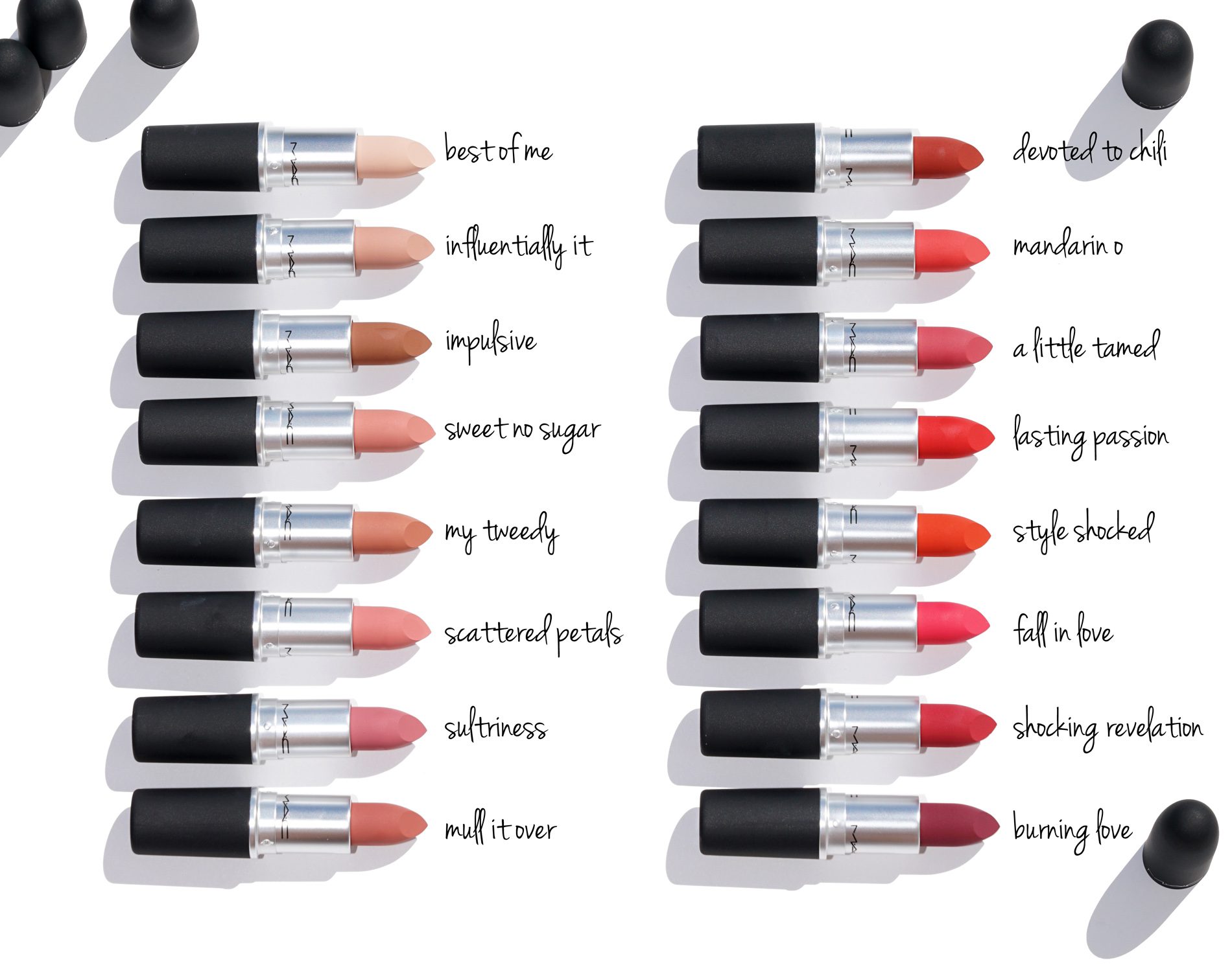 MAC Powder Kiss Best of Me, Influentially It, Impulsive, Sweet No Sugar, My Tweedy, Scattered Petals, Sultriness and Mull it Over