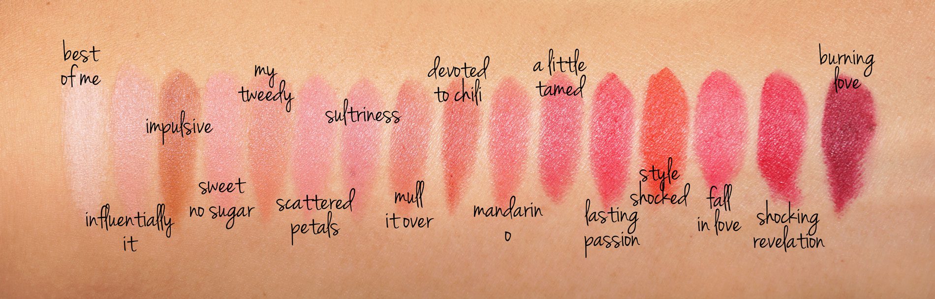 MAC Powder Kiss Best of Me, Influentially It, Impulsive, Sweet No Sugar, My Tweedy, Scattered Petals, Sultriness and Mull it Over lip swatches