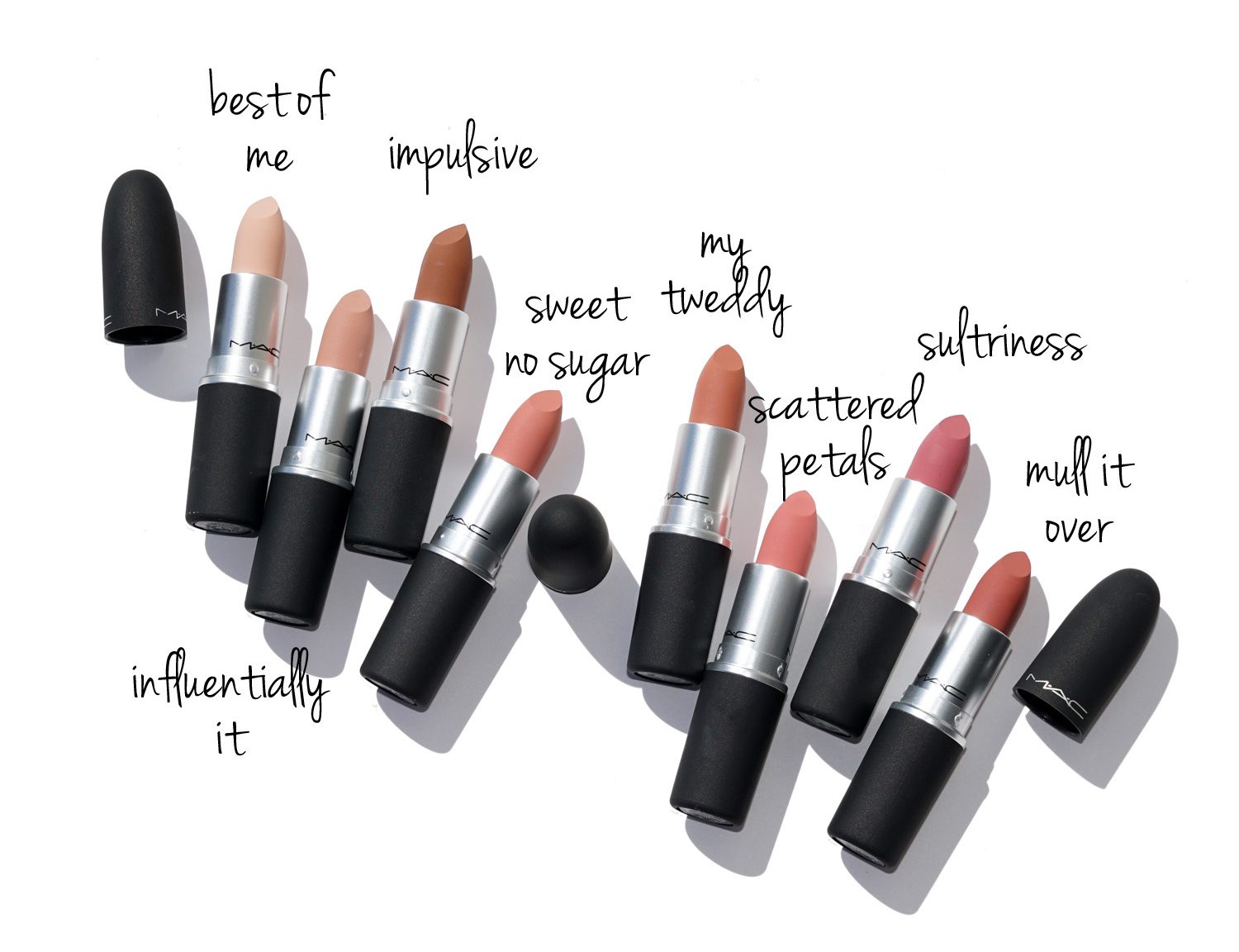 MAC Powder Kiss Devoted to Chili, Mandarin O, A Little Tamed, Lasting Passion, Style Shocked, Fall In Love, Shocking Revelation, Burning Love swatches