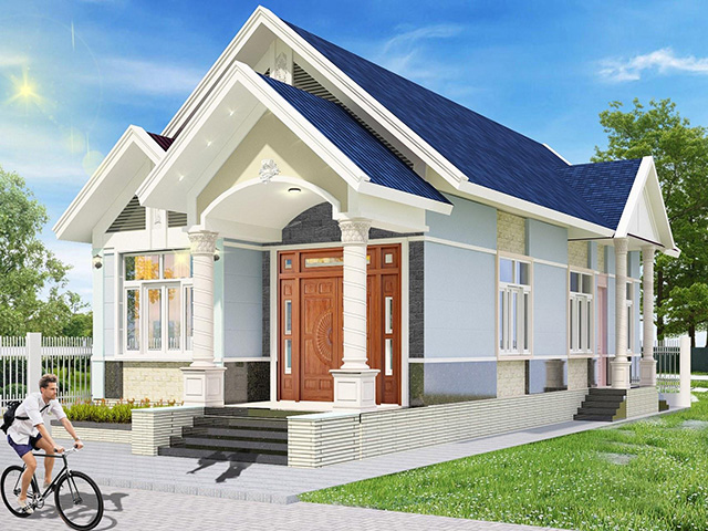 Mẫu 19: Mặt tiền nhà cấp 4 sơn xanh nhạt, xám và hồng nhạt tạo vẻ tươi sáng