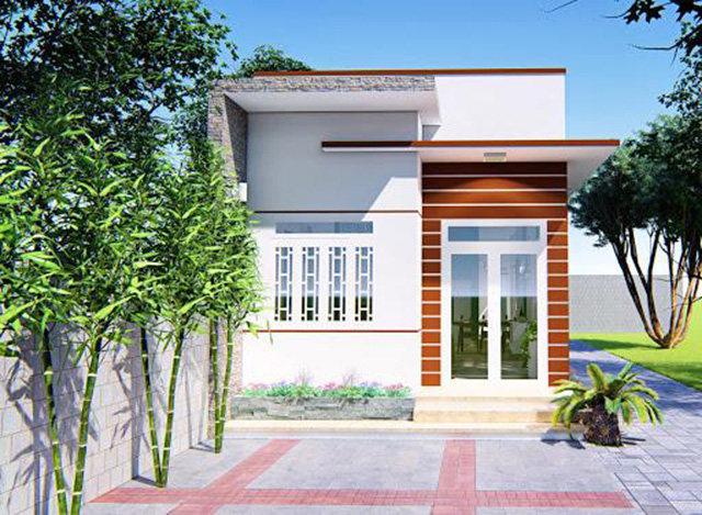 Mẫu 27: Mặt tiền nhà cấp 4 sơn trắng và nâu tạo không gian nổi bật, độc đáo