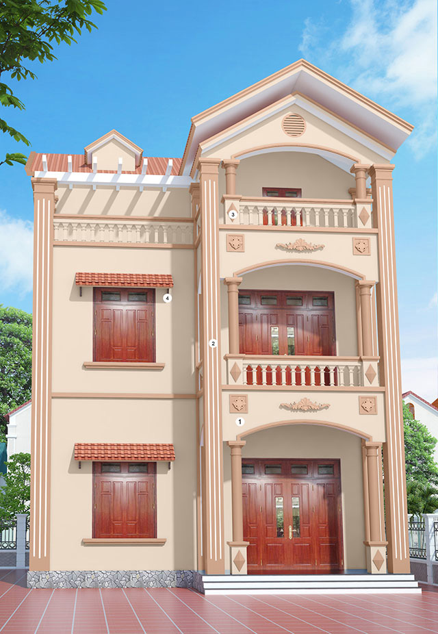Phối màu sơn mặt tiền nhà ống đẹp với 2 tầng màu 23A - 2P, 20C - 1P và 26B - 3D