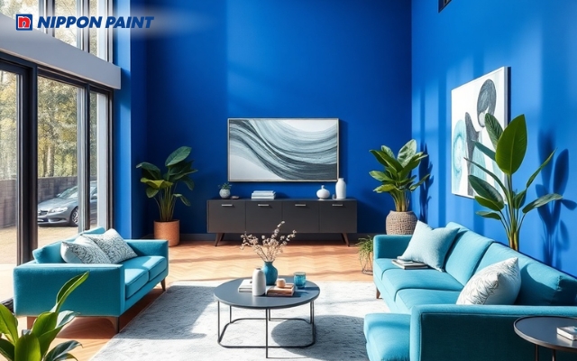 Mẫu phòng khách xanh coban kết hợp nội thất xanh mint