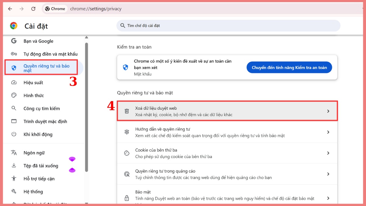 Khắc phục tình trạng Messenger bị lỗi không vào được - Xóa dữ liệu và cache của trình duyệt bước 3, 4