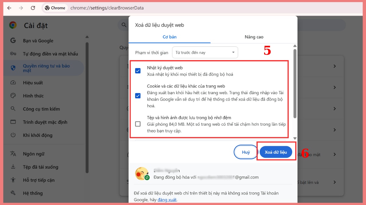 Khắc phục tình trạng Messenger bị lỗi không vào được - Xóa dữ liệu và cache của trình duyệt bước 5, 6