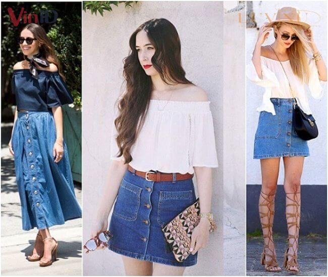 Chân váy jean mix áo trễ vai