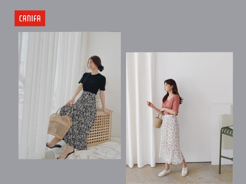 phối đồ mặc tết với chân váy hoa nhí